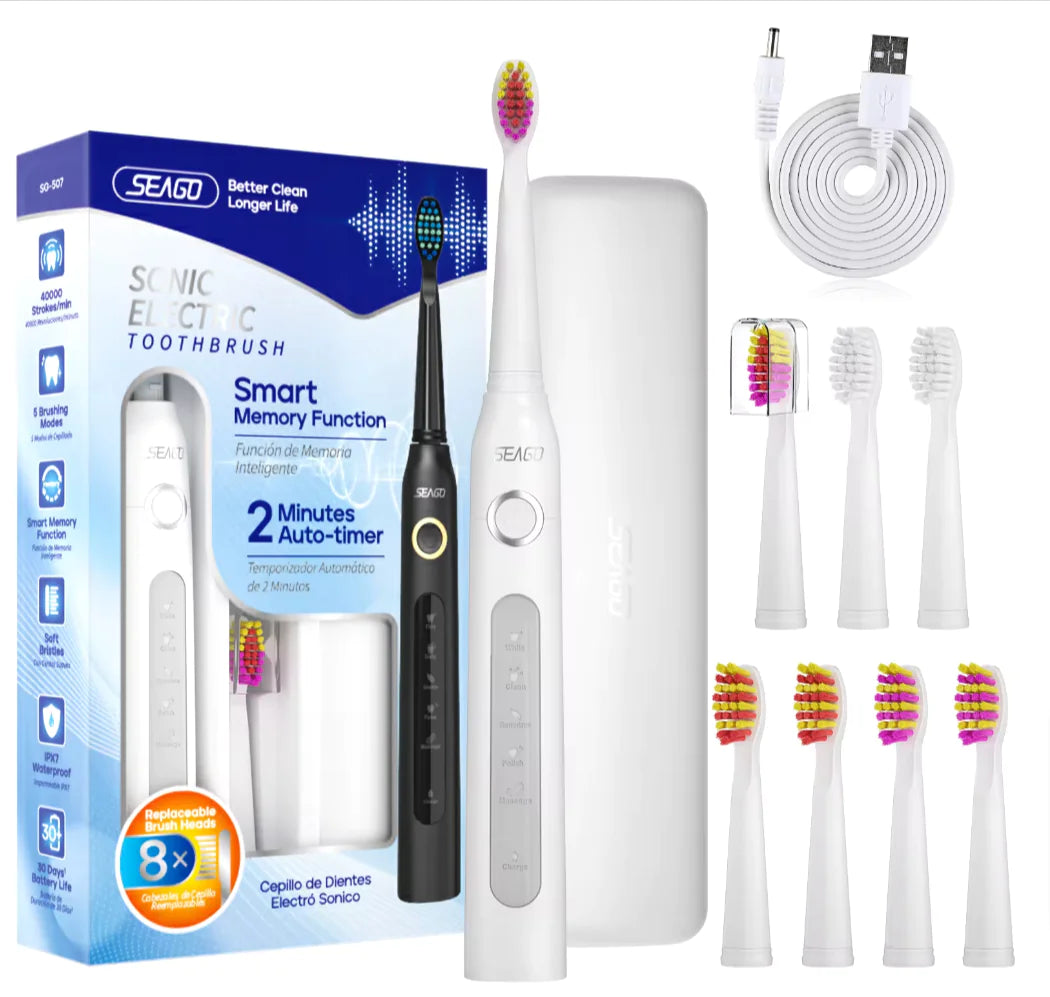 Electric Toothbrush | 5 Modes with 8 Replaceable Brush Heads | 2 Min Timer | With Portable Box